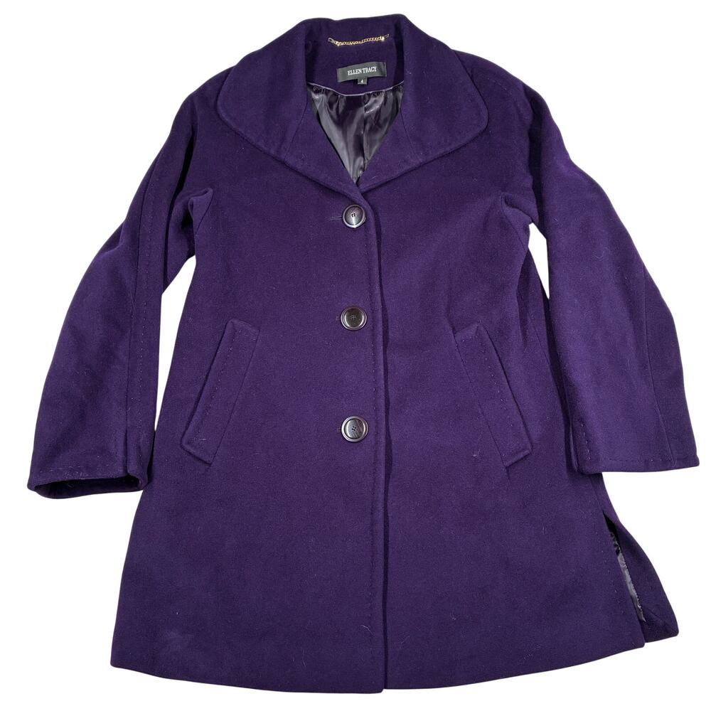 Ellen Tracy Pea Coat Womens 4 Plum Purple Wool Angora Single Breasted Overcoat